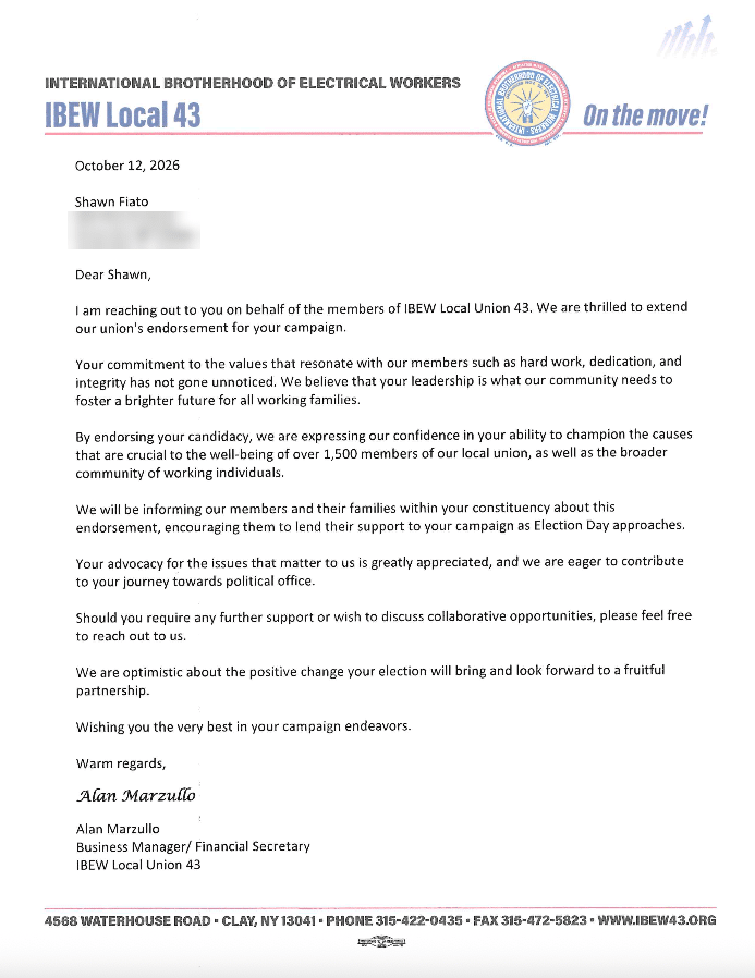 IBEW Local 43 endorsement letter to Shawn Fiato, dated October 12, 2026